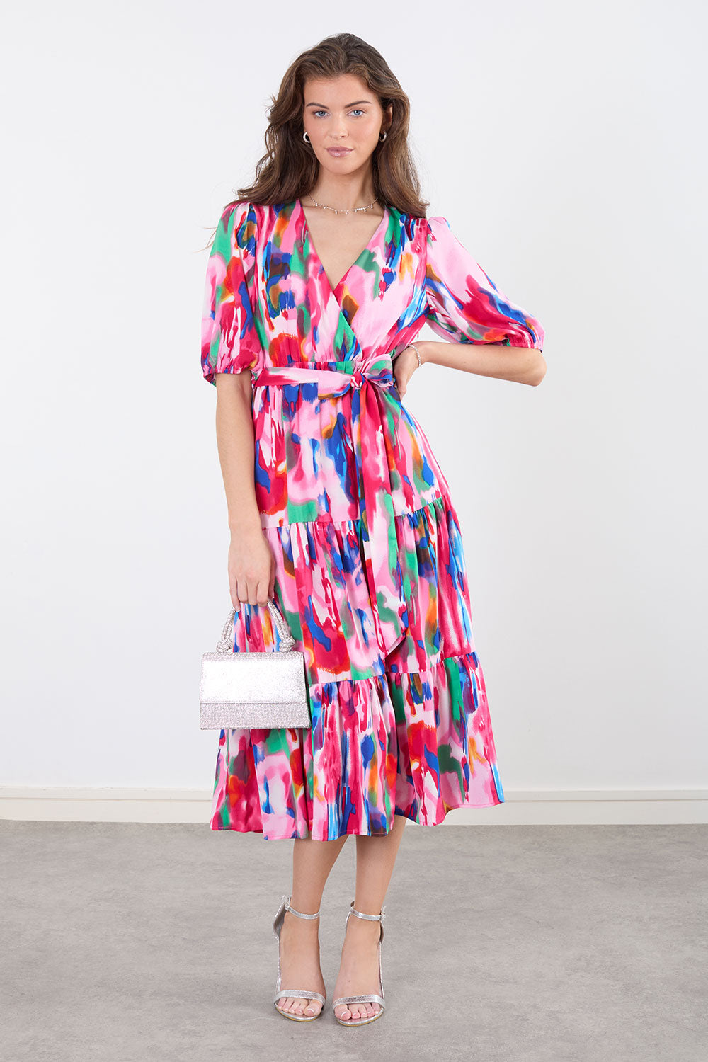 Grace Short Sleeve Smock Midi Dress in Pink Print
