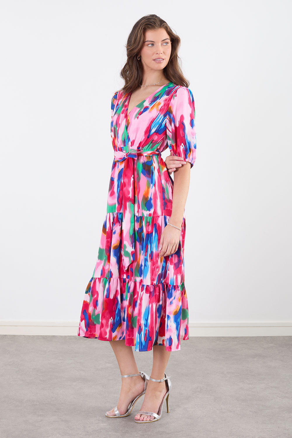 Grace Short Sleeve Smock Midi Dress in Pink Print