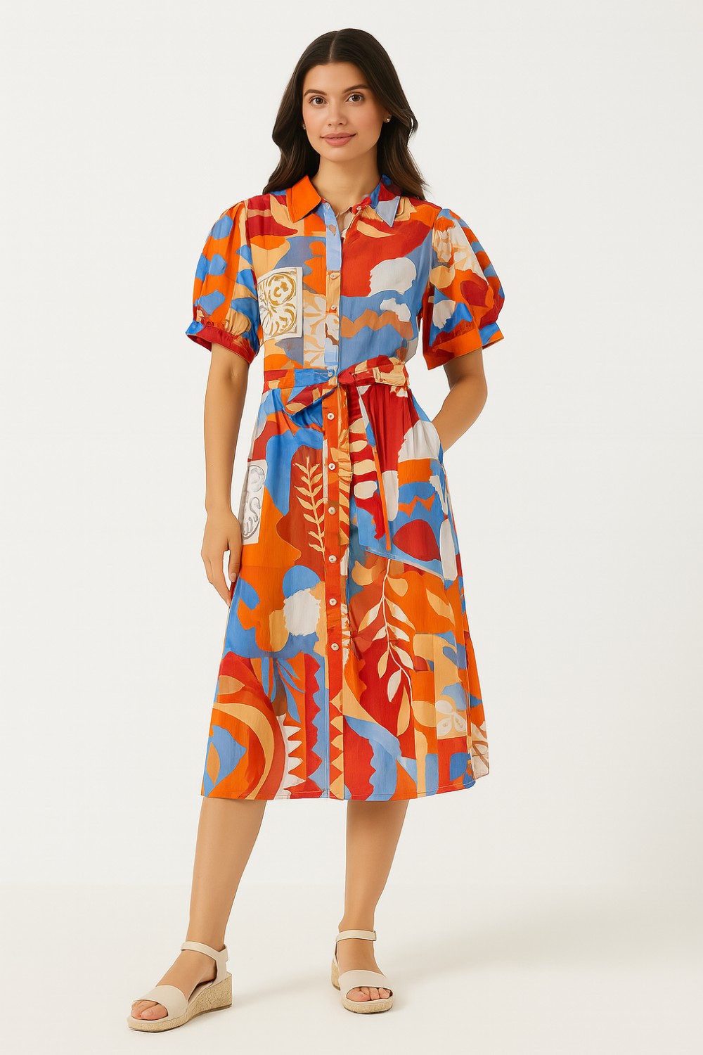 Fee Patchwork Print Shirt Dress in Orange