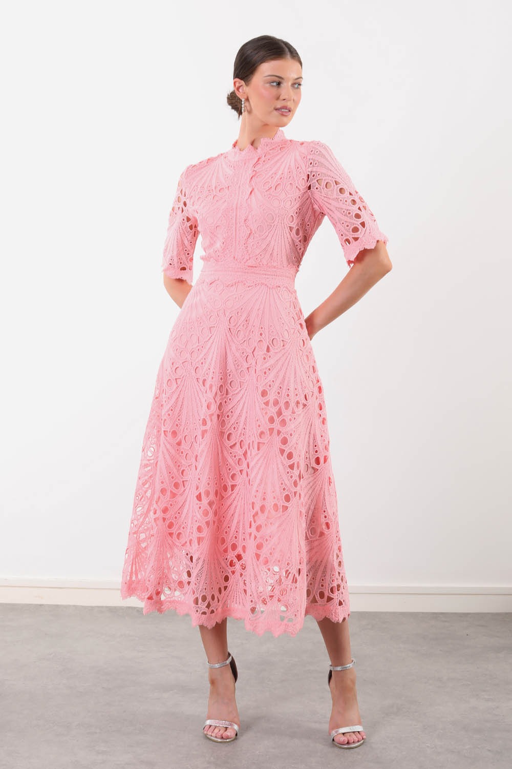 Jude Lace Occasion Midi Dress in Pink