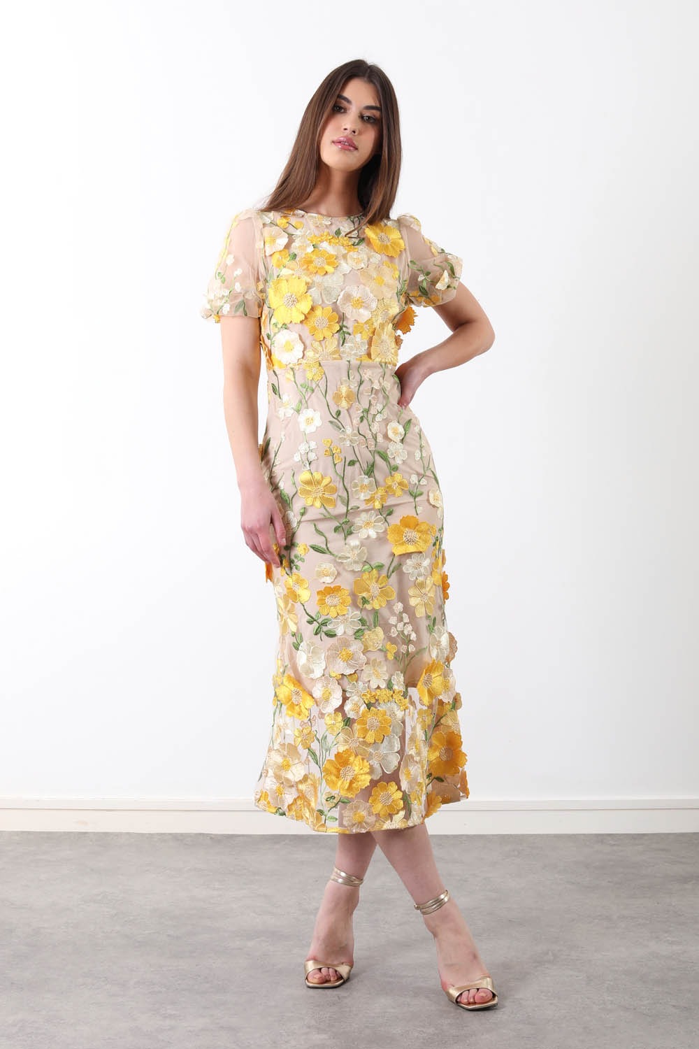 Gwen Lace Midi Dress in Yellow