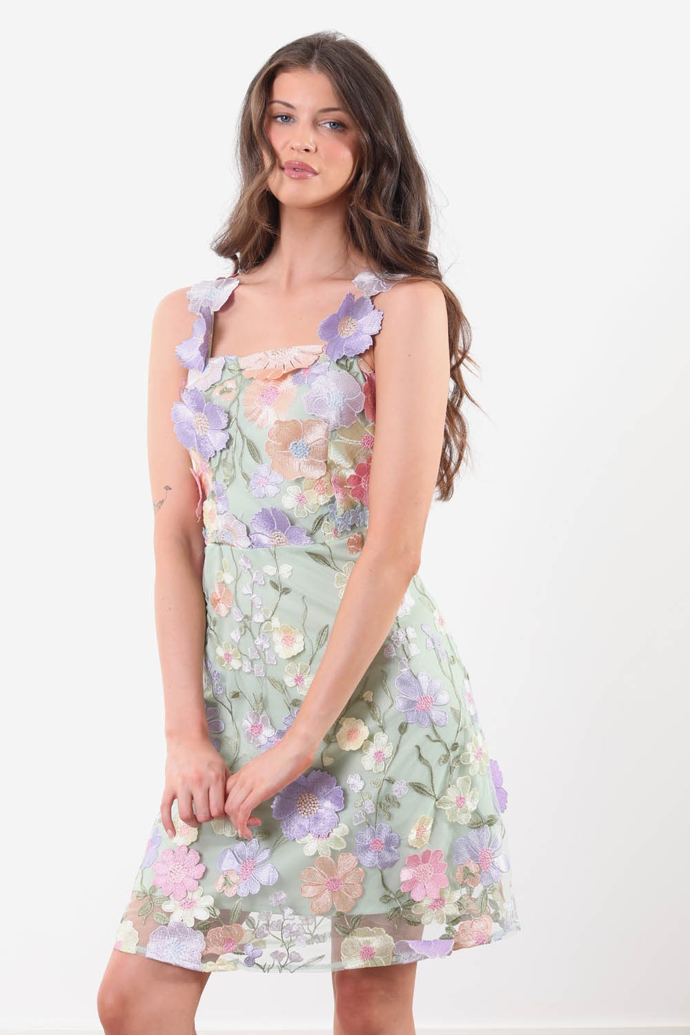 Shauna Lace Applique Short Dress in Green