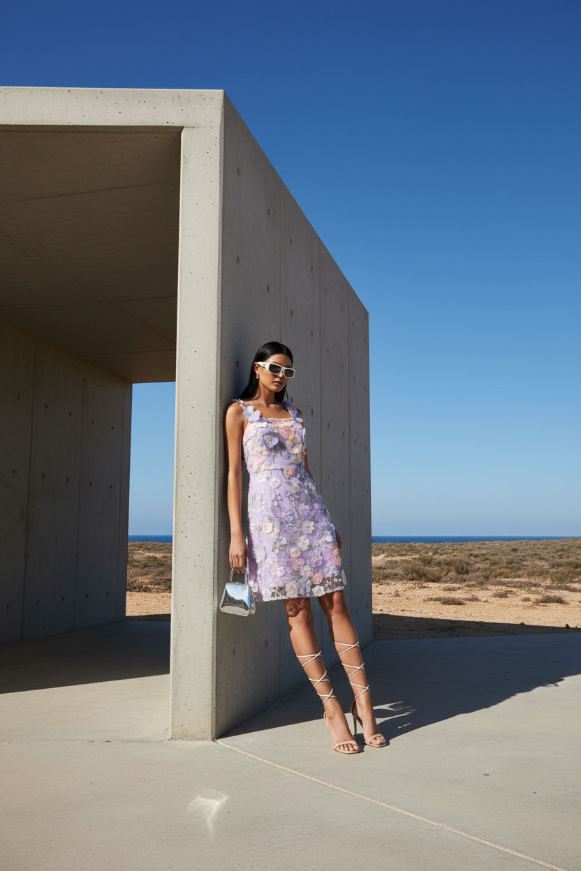 Shauna Lace Applique Short Dress in Lilac