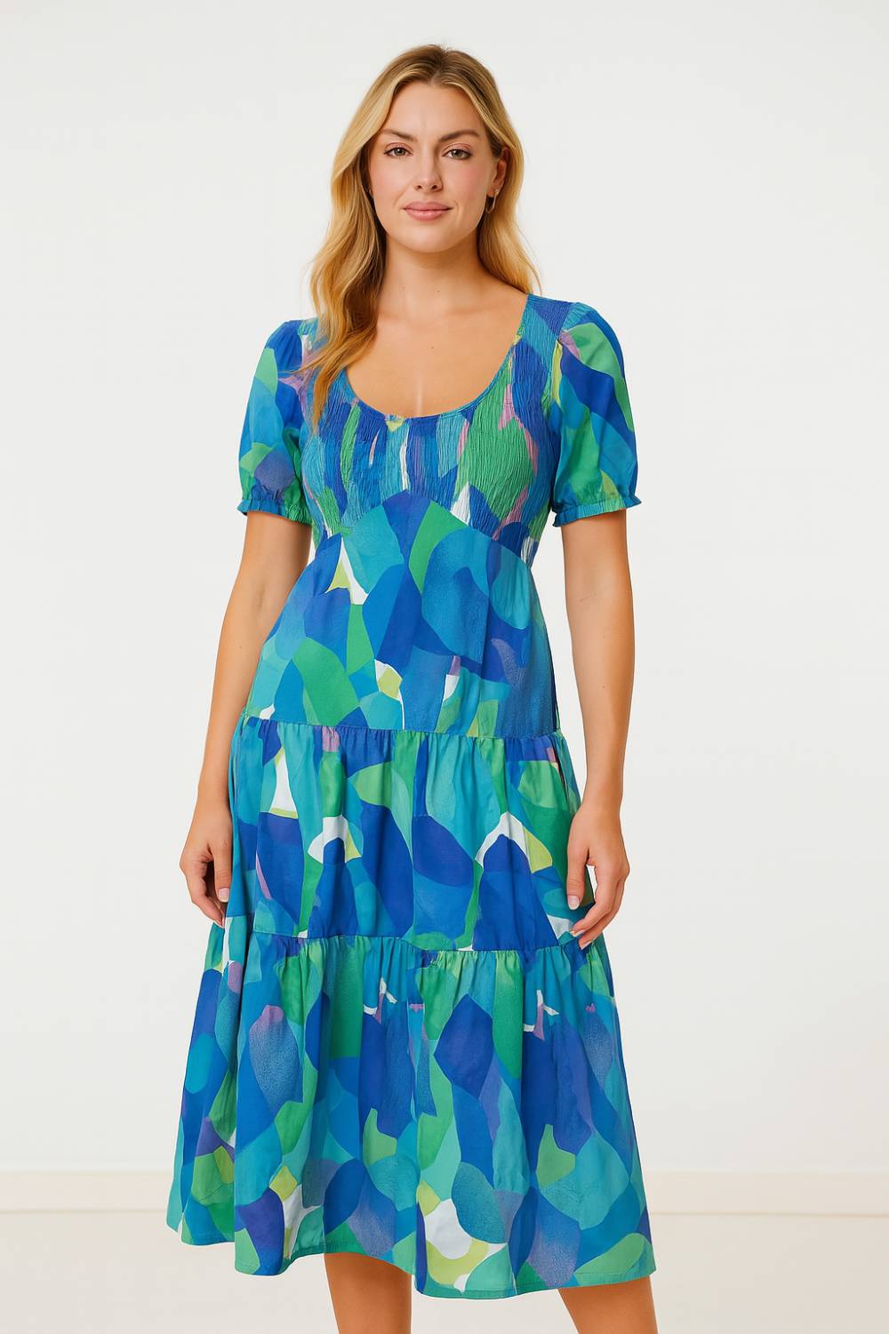 Fiona Abstract Print Shirred Dress in Blue