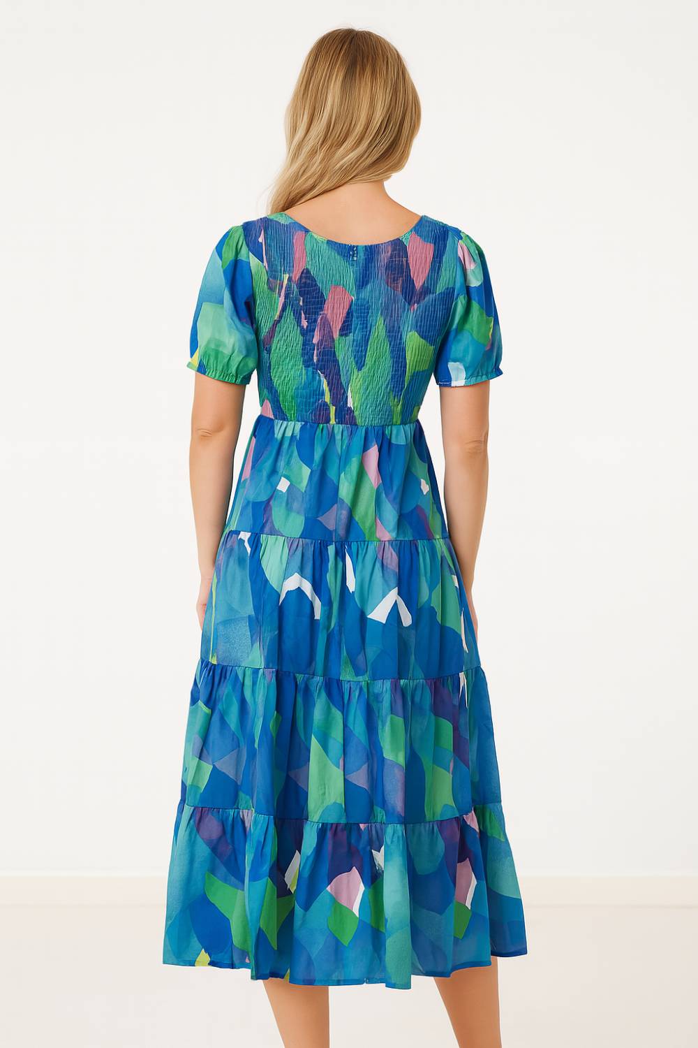 Fiona Abstract Print Shirred Dress in Blue