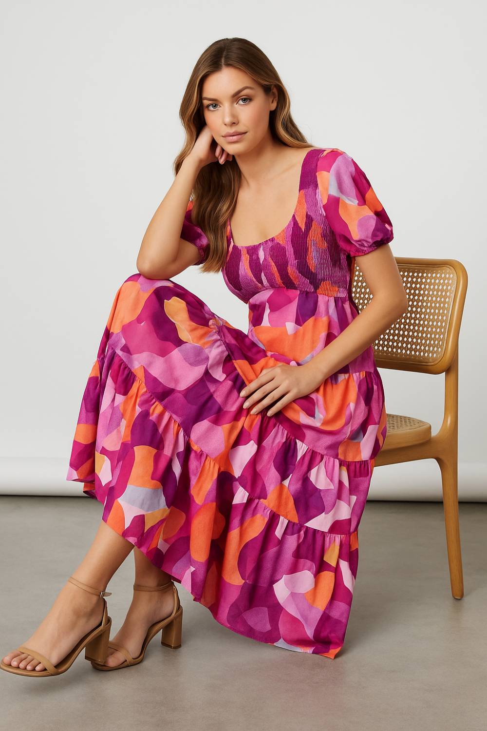 Fiona Abstract Print Shirred Dress in Purple