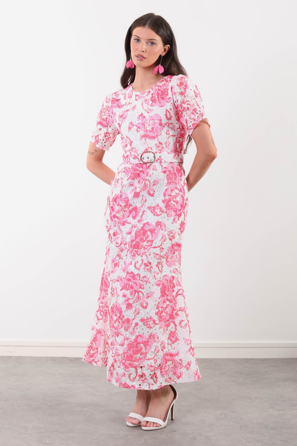 Grace Crochet Lace Midi Dress in Pink