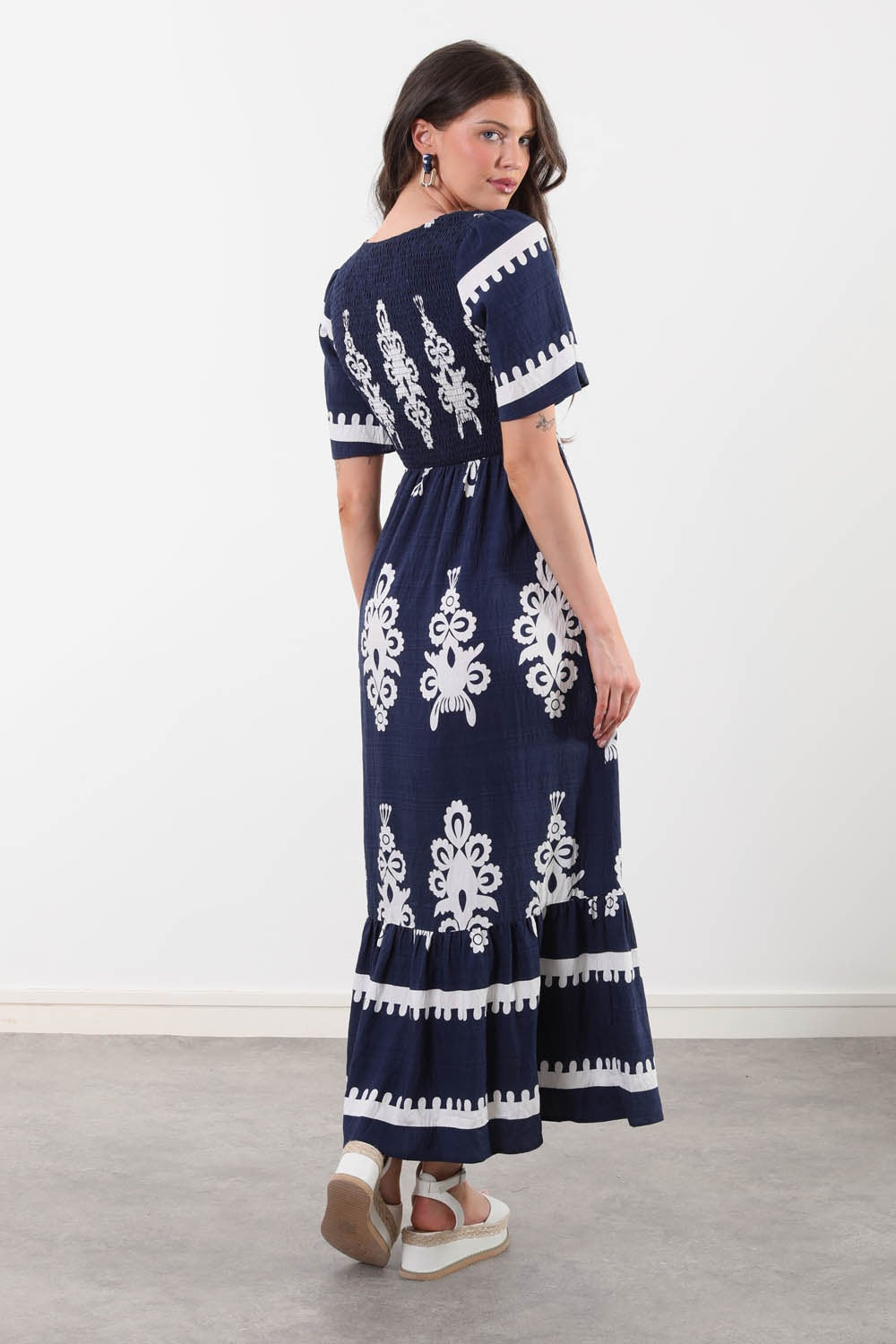 Beth Border Print Shirred Maxi Dress