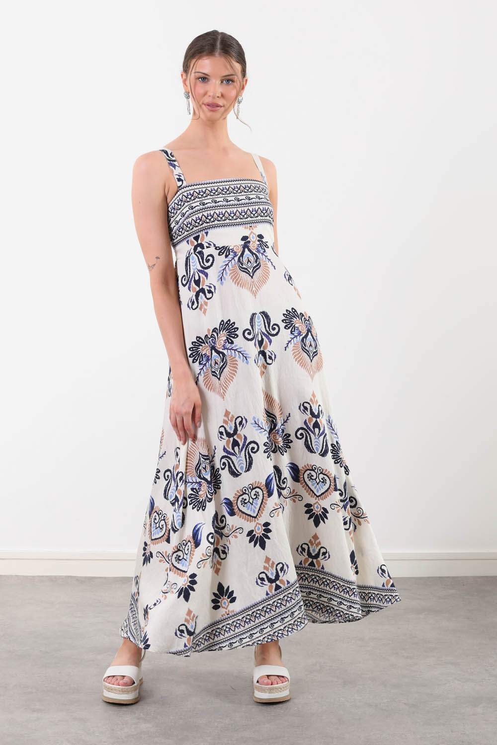 Ana Border Print Strappy Maxi Dress in Navy