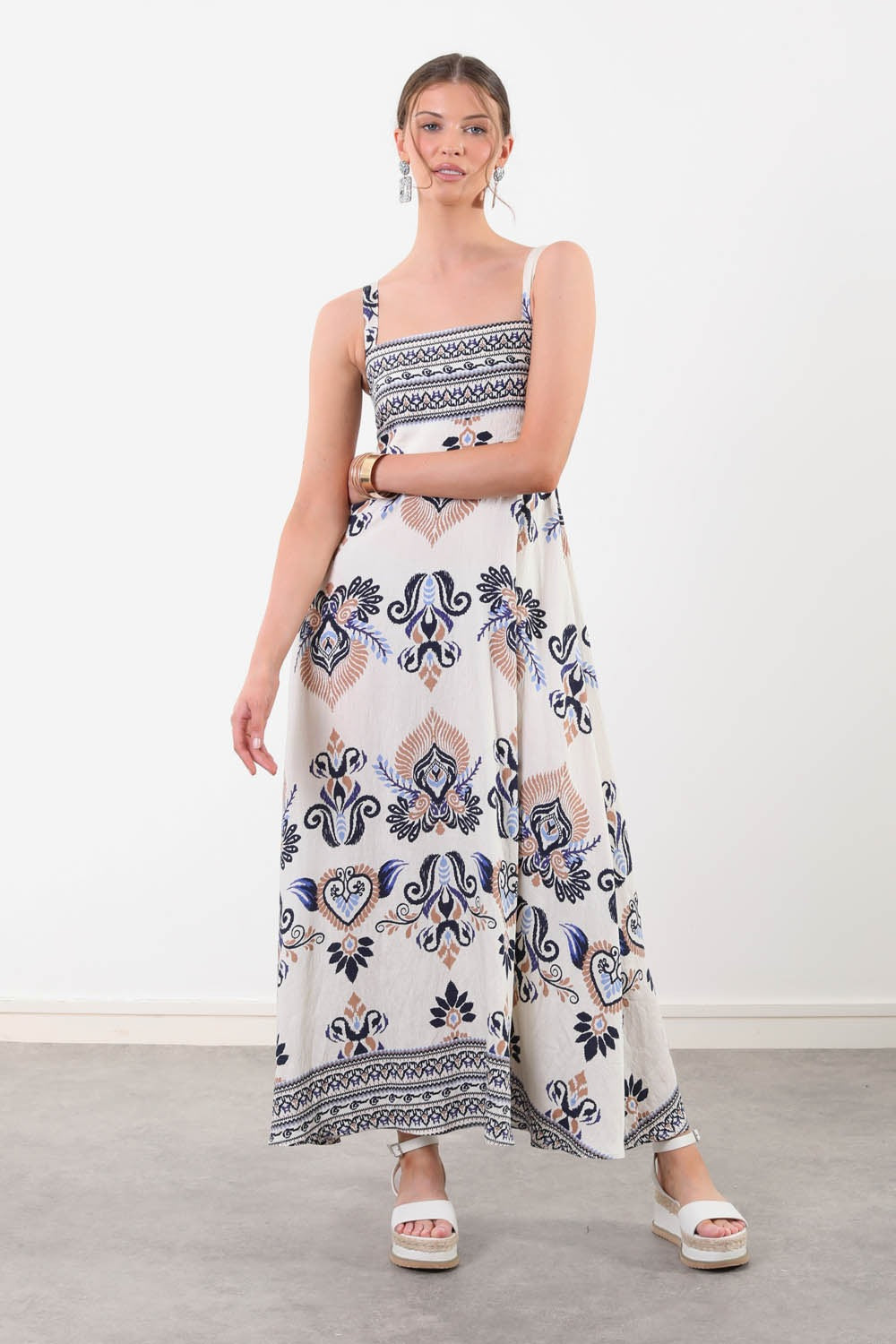 Ana Border Print Strappy Maxi Dress in Navy