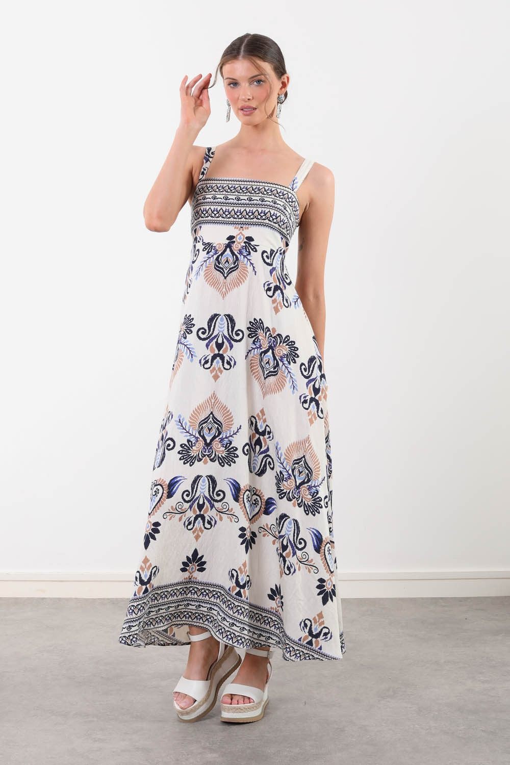 Ana Border Print Strappy Maxi Dress in Navy