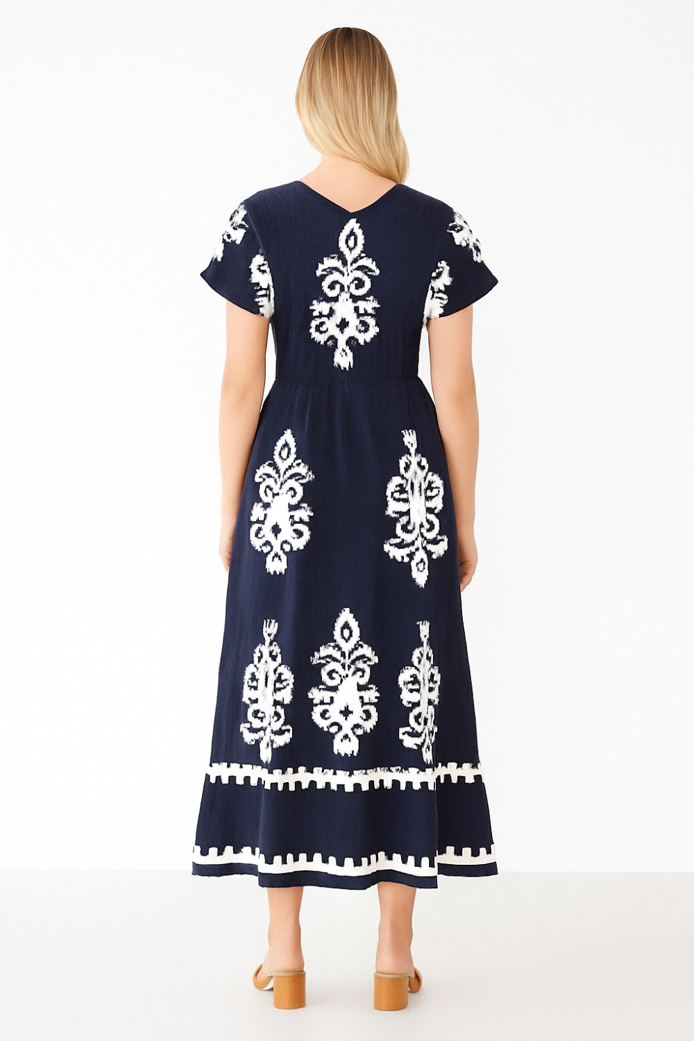 Ebony Border Print Midi Dress in Navy