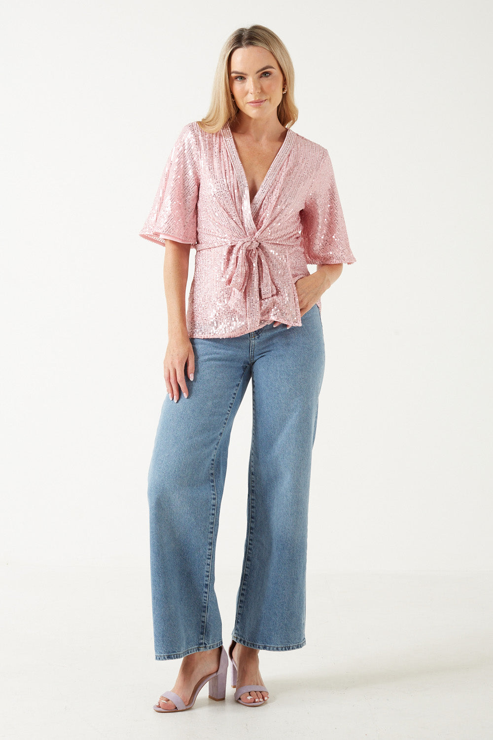 New Tara Sequin Wrap Top in Baby Pink