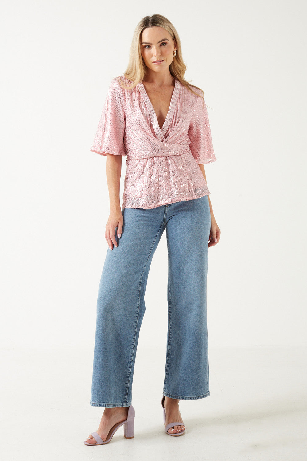 New Tara Sequin Wrap Top in Baby Pink