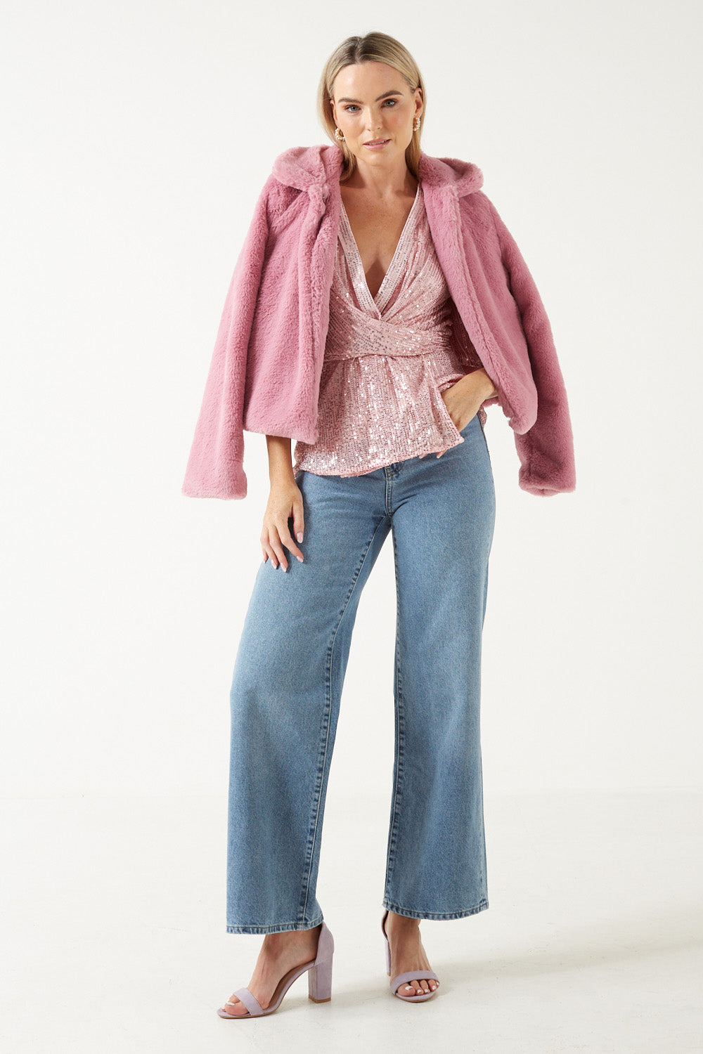 New Tara Sequin Wrap Top in Baby Pink