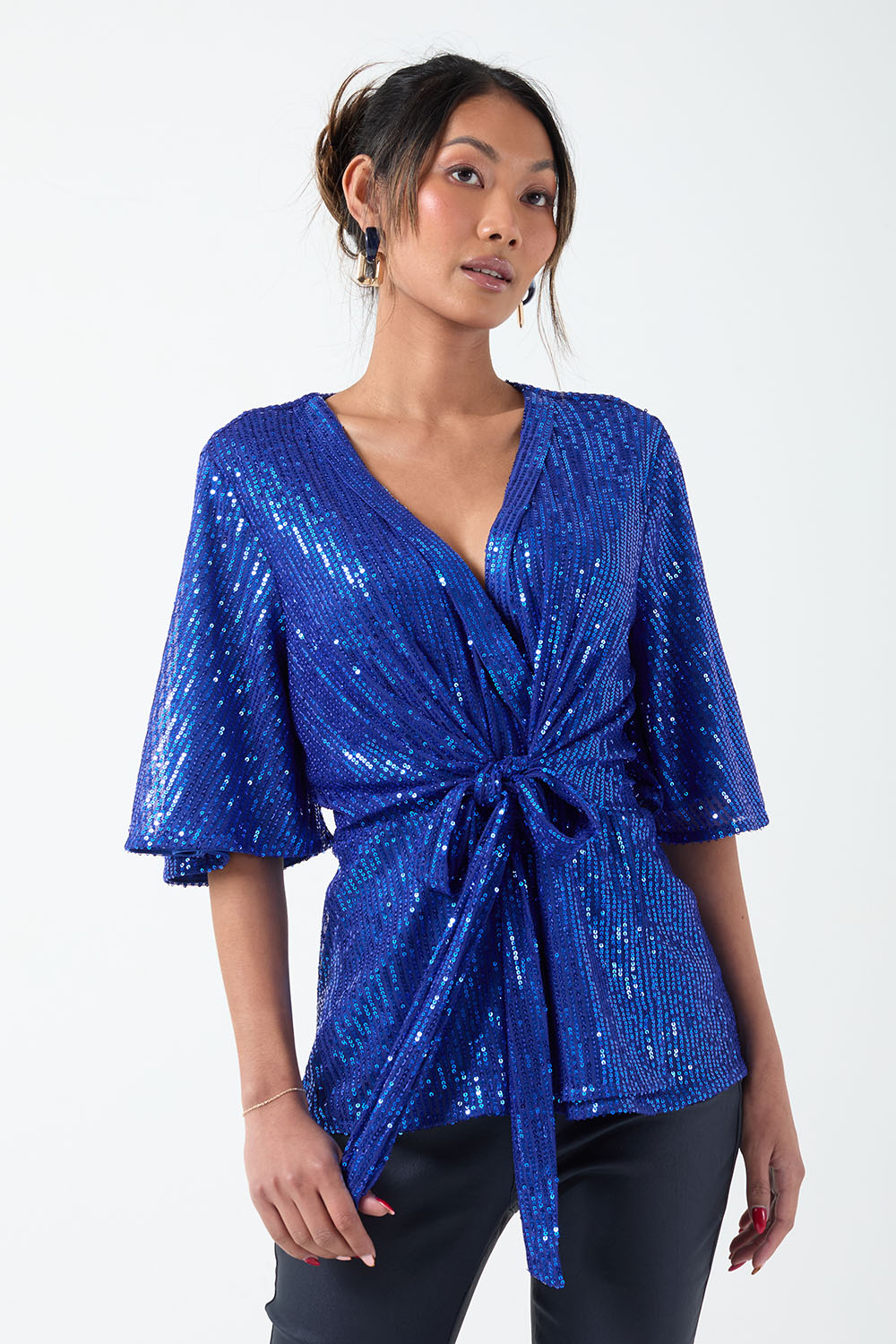 New Tara Sequin Wrap Top in Blue