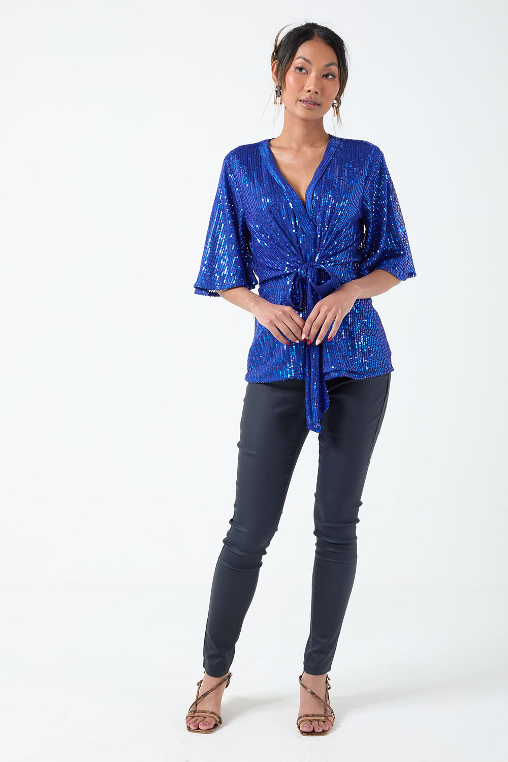 New Tara Sequin Wrap Top in Blue
