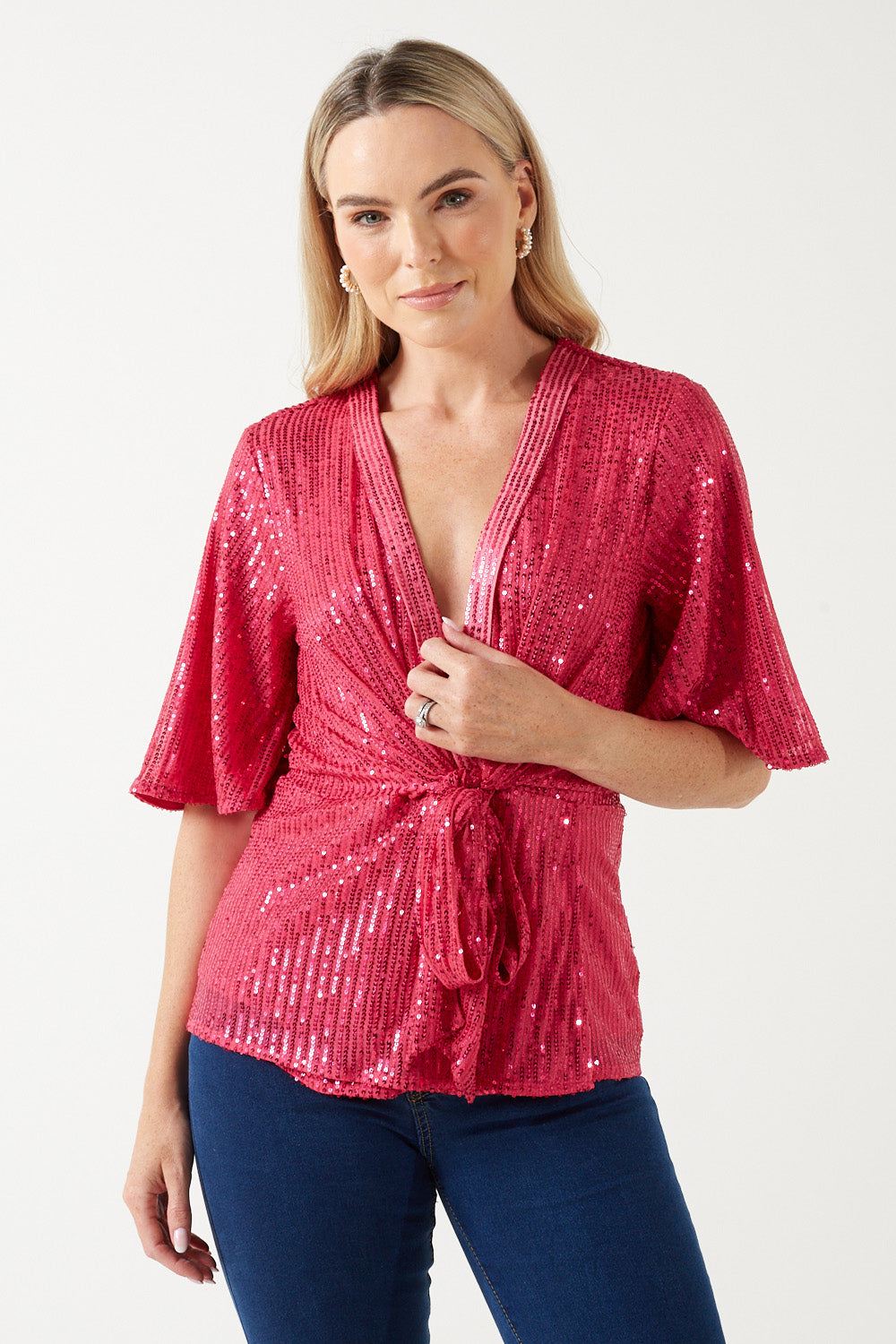 New Tara Sequin Wrap Top in Pink