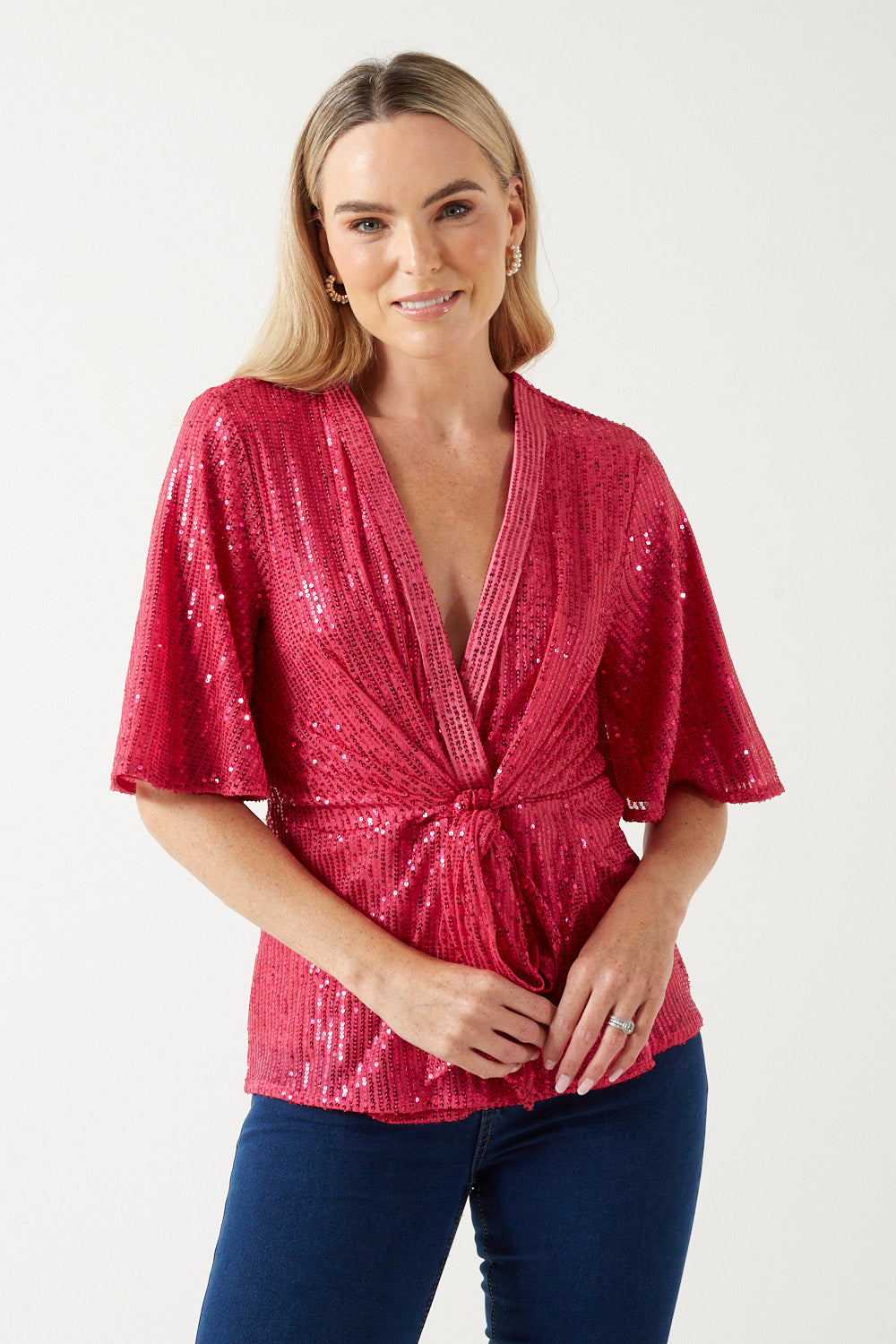 New Tara Sequin Wrap Top in Cerise Pink