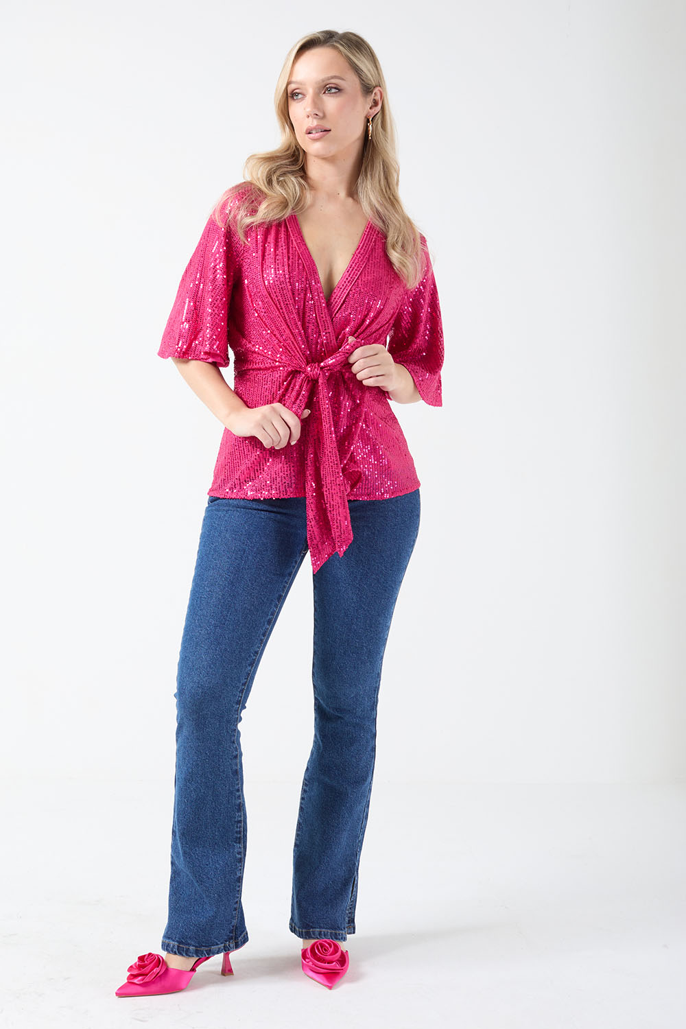 New Tara Sequin Wrap Top in Cerise Pink