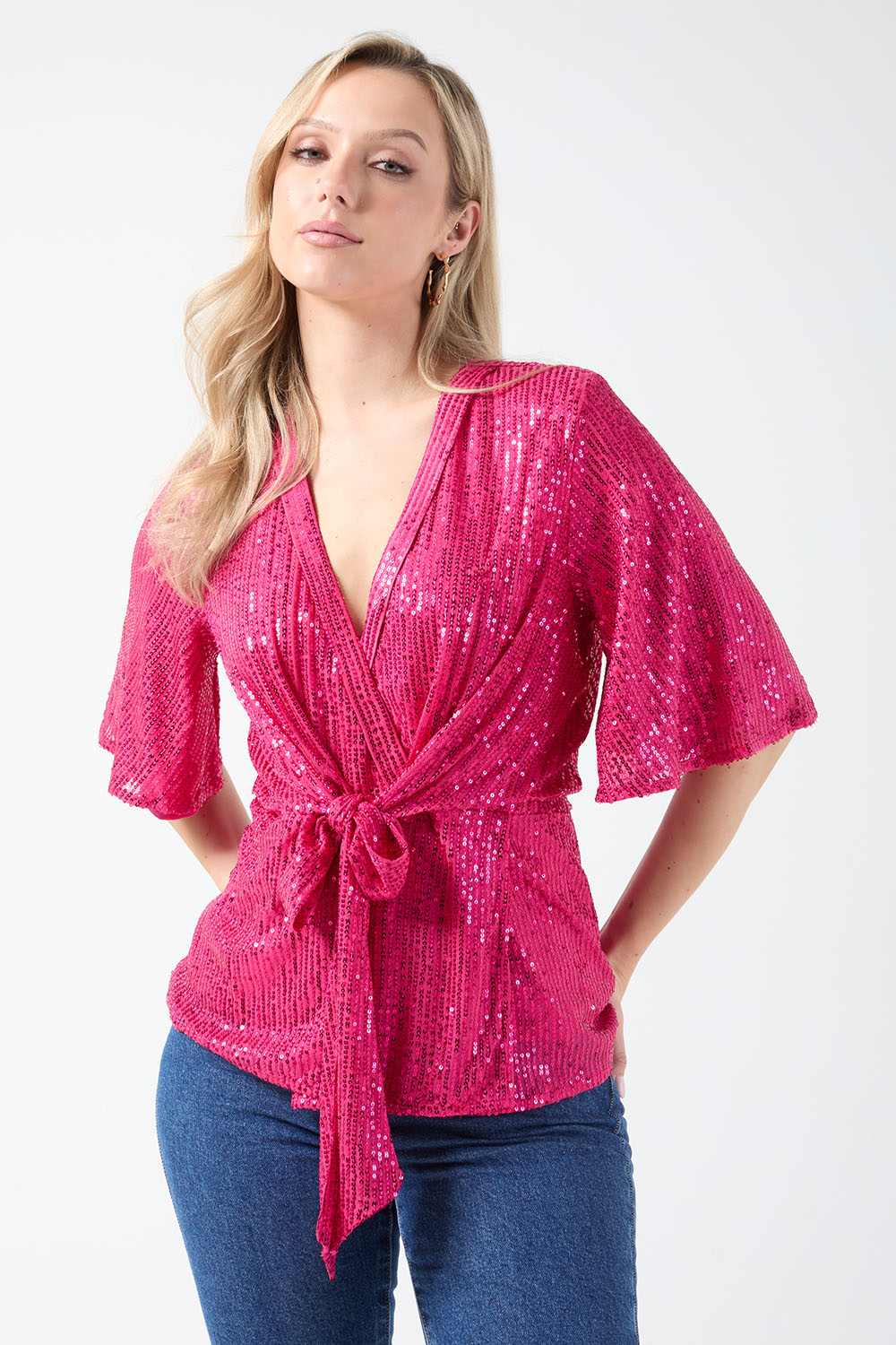 New Tara Sequin Wrap Top in Cerise Pink