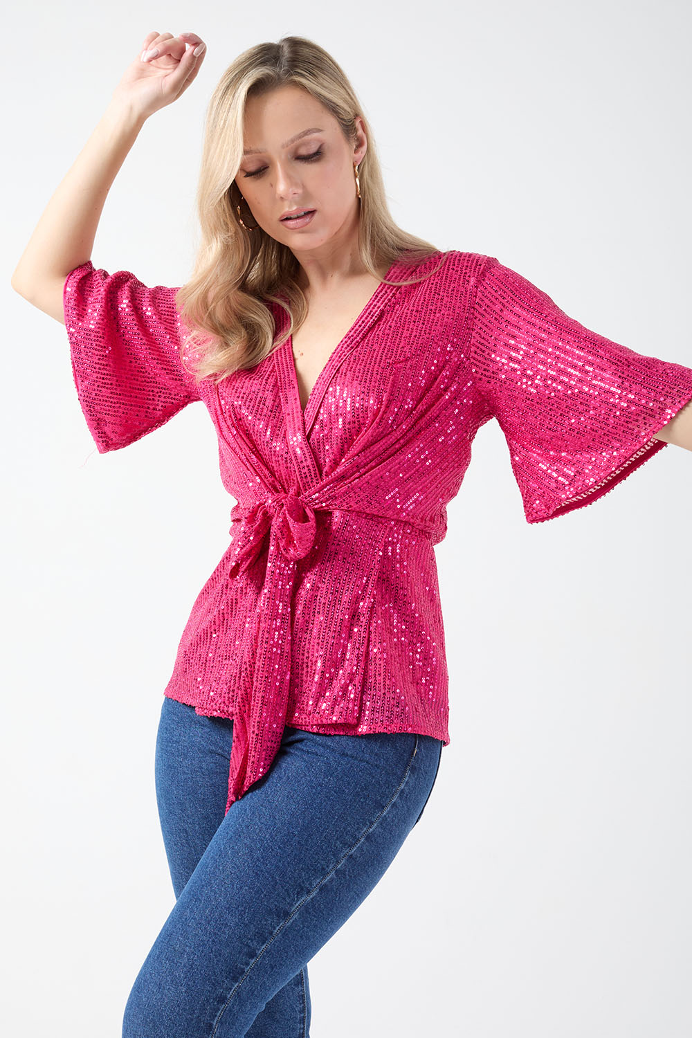 New Tara Sequin Wrap Top in Cerise Pink