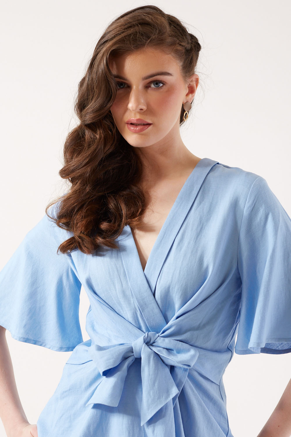 Roberta V-Neck Tie Linen Top in Blue