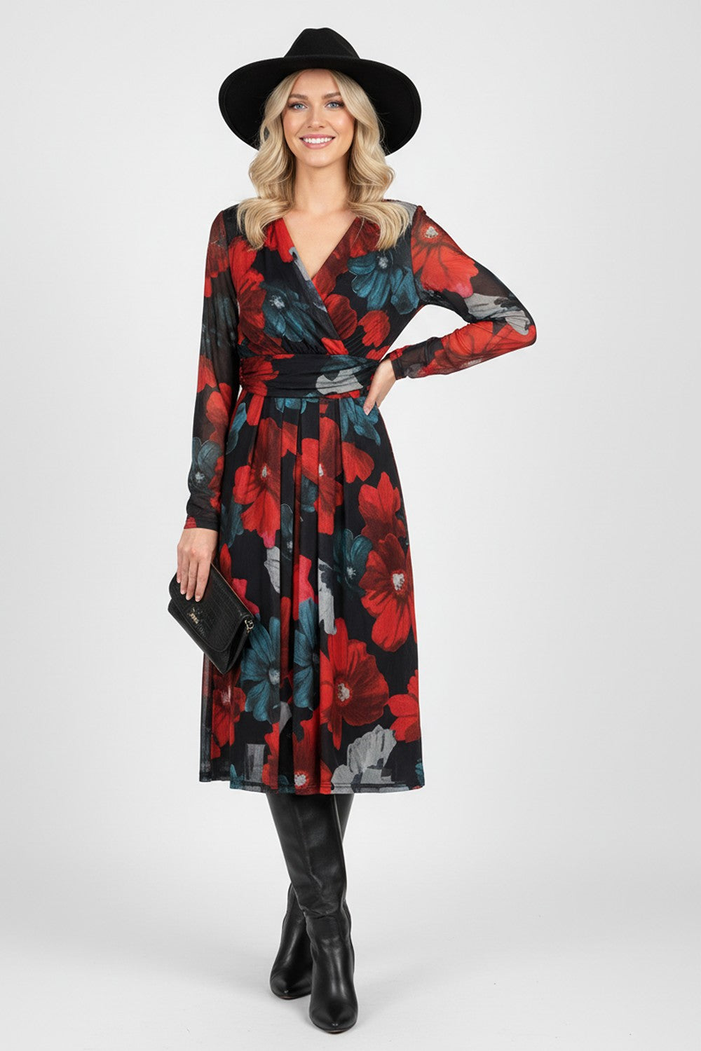 Elena Floral Print Midi Dress in Red