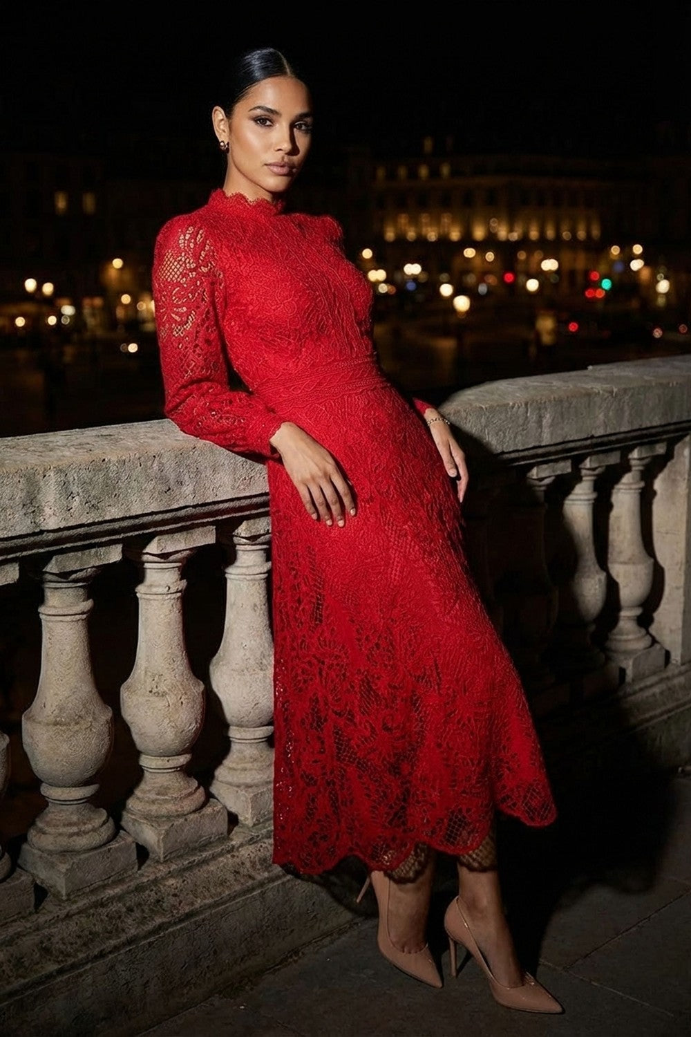 Kate Lace Midi Dress in Red