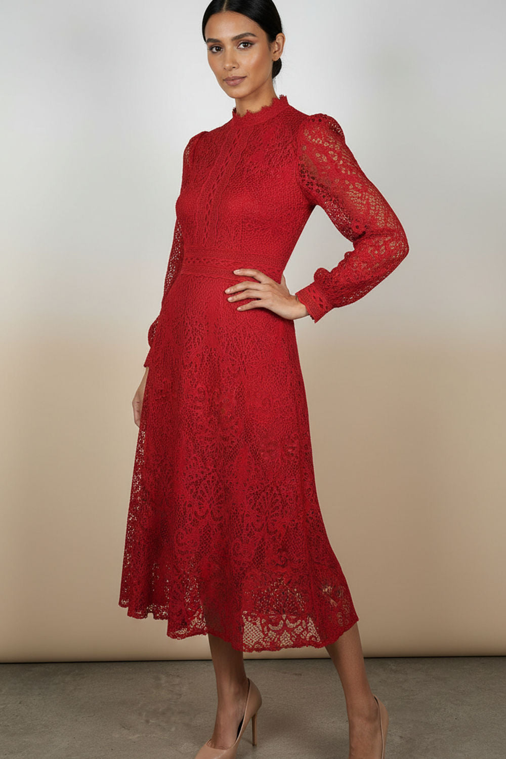 Kate Lace Midi Dress in Red