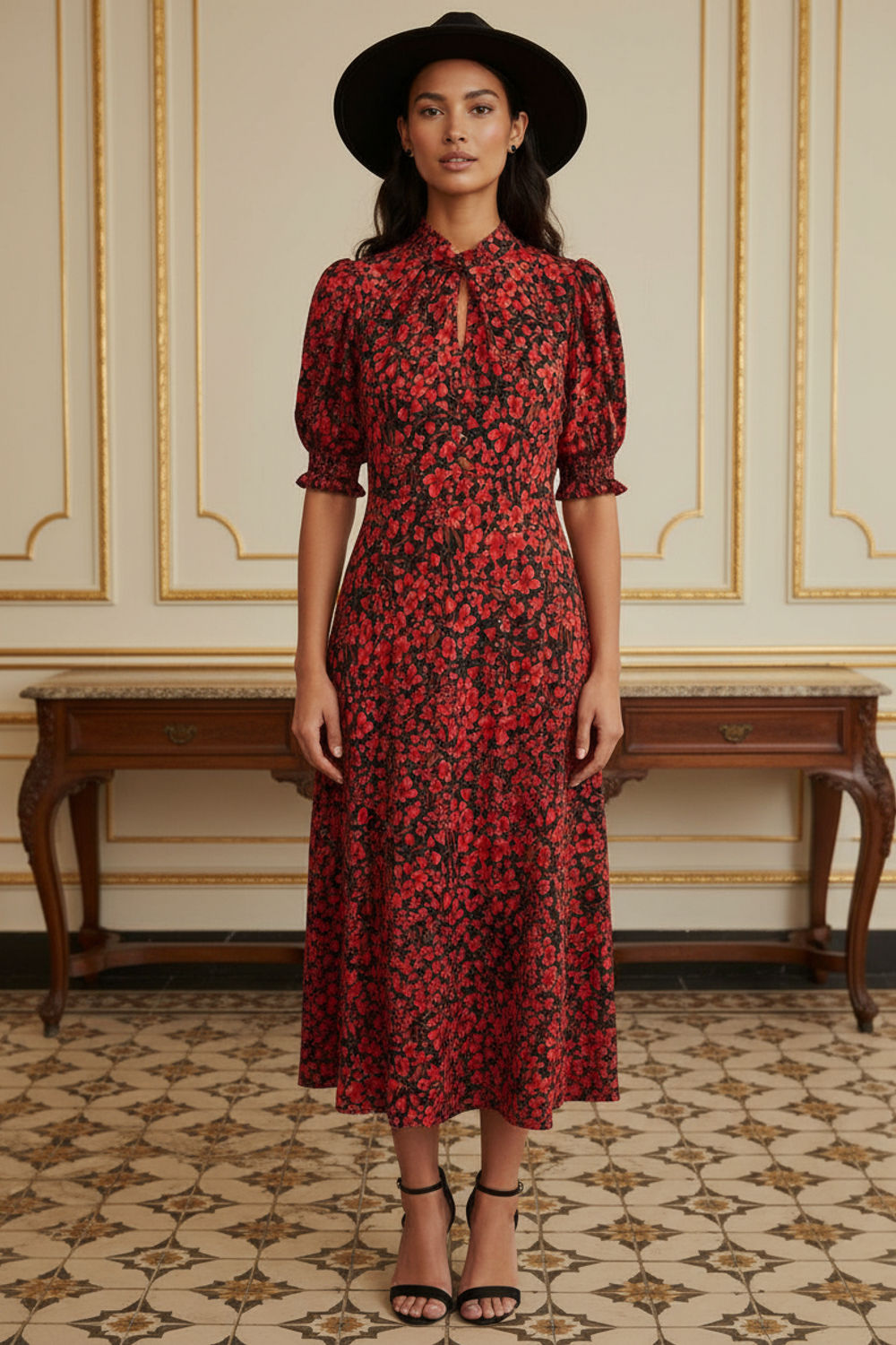 Louise Printed Midi Dress in Red