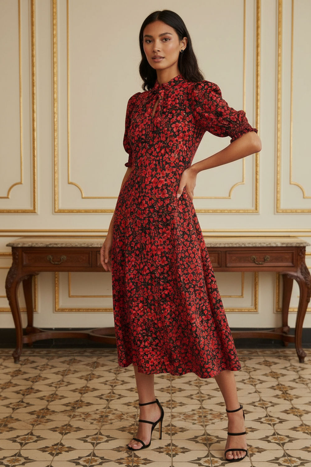 Louise Printed Midi Dress in Red