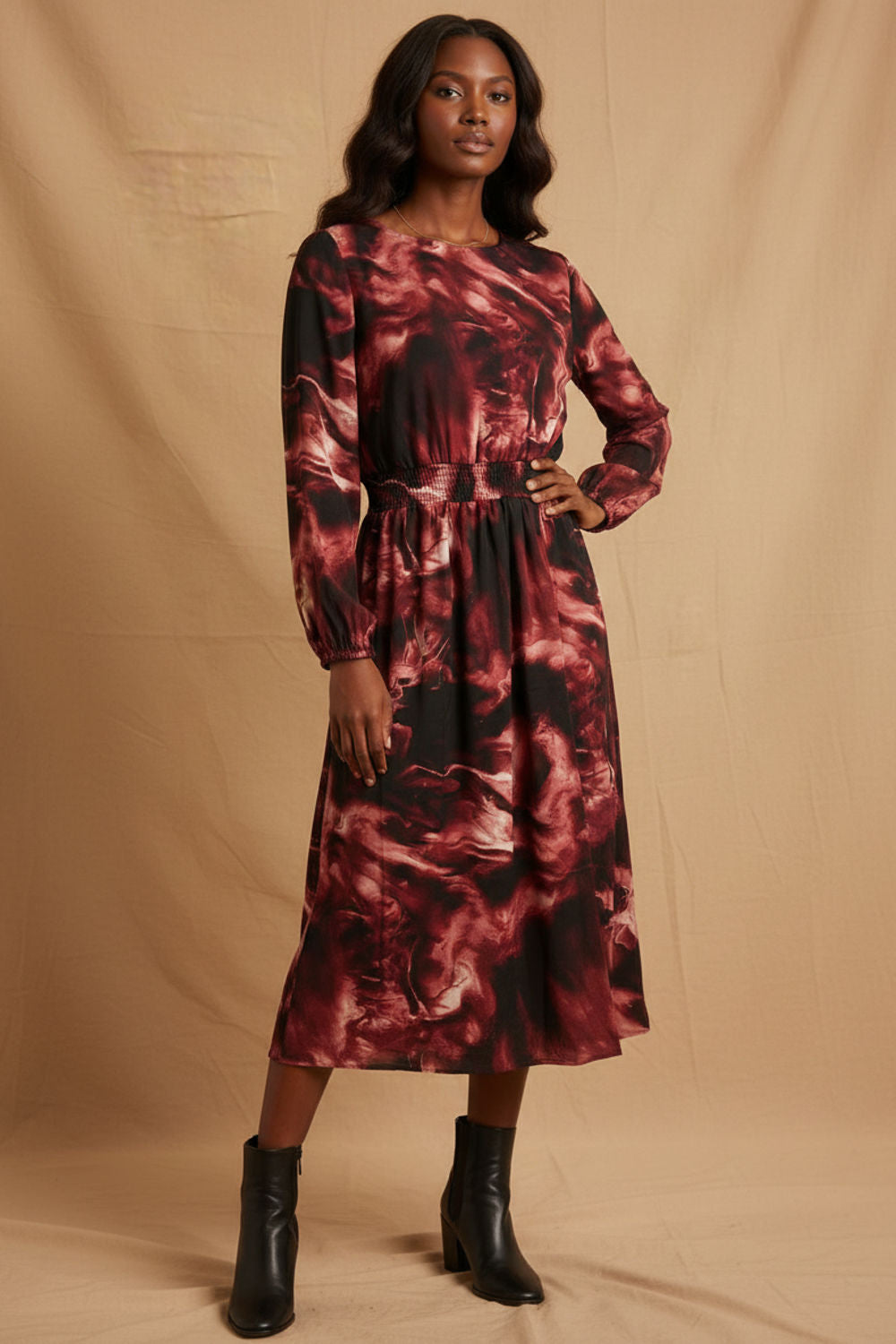 Maeve Long Sleeve Midi Dress in Pink Abstract