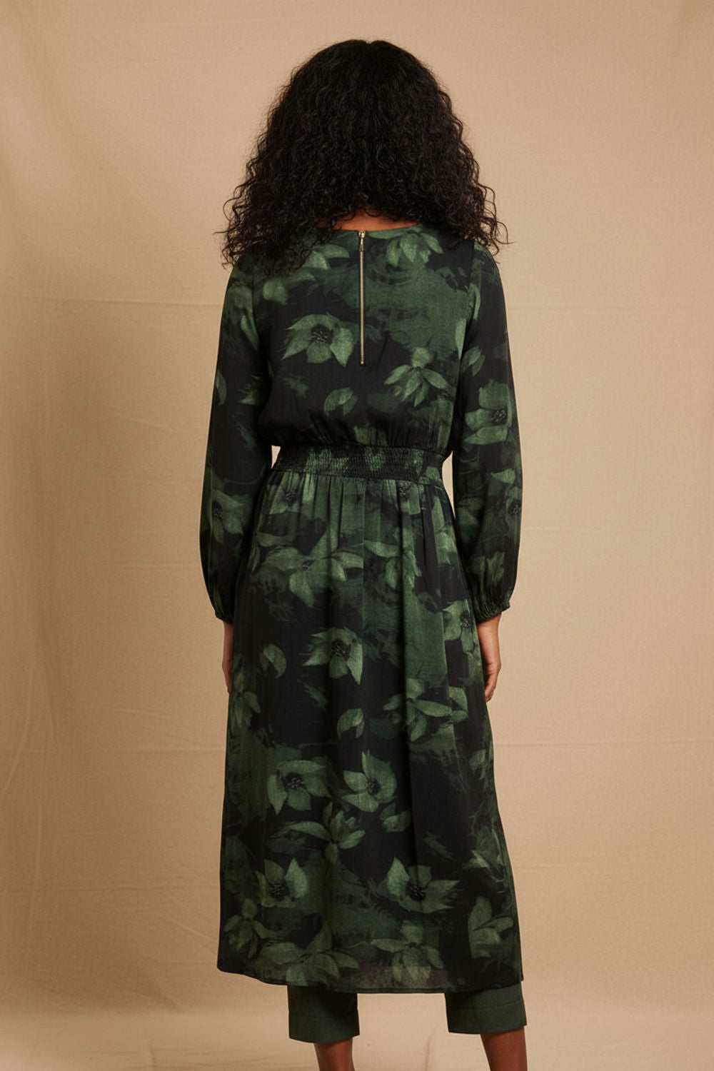 Maeve Long Sleeve Midi Dress in Green Abstract