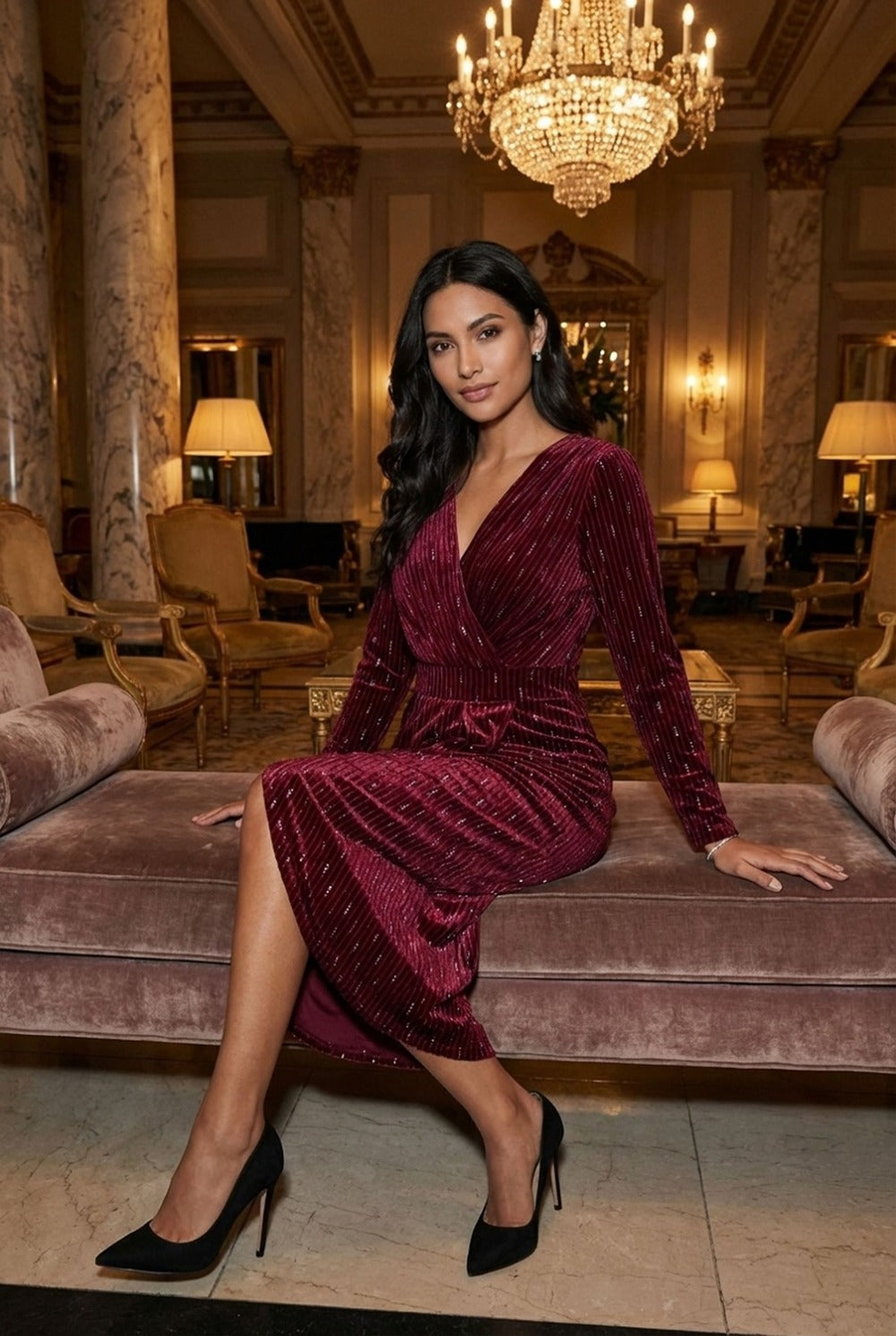 Maggie Velvet Wrap Midi Dress in Burgundy