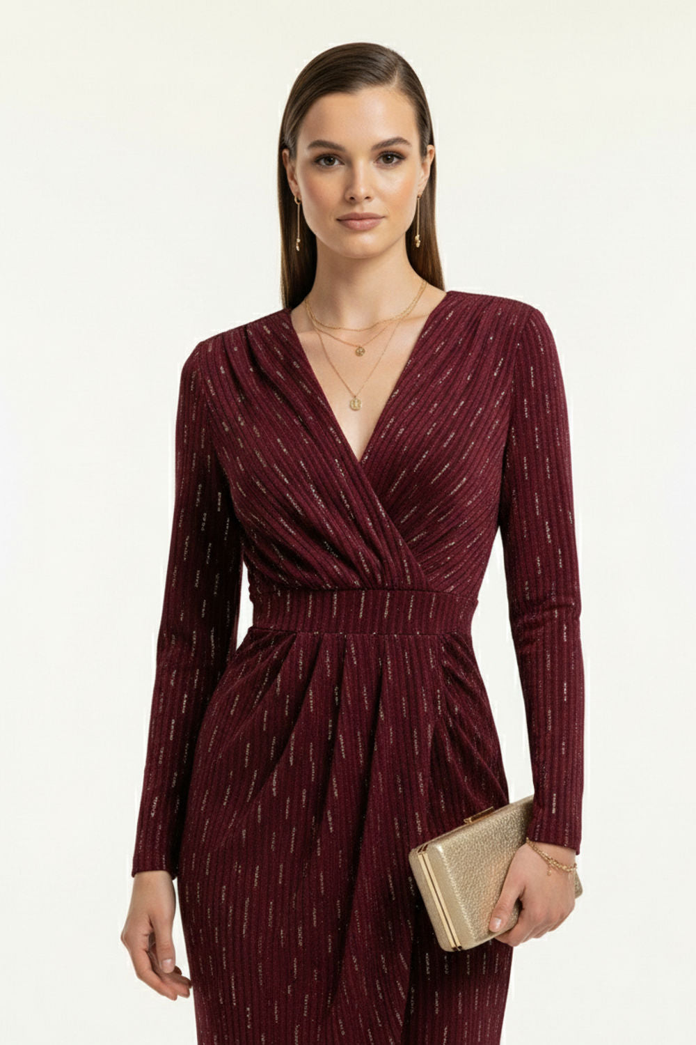 Maggie Velvet Wrap Midi Dress in Burgundy