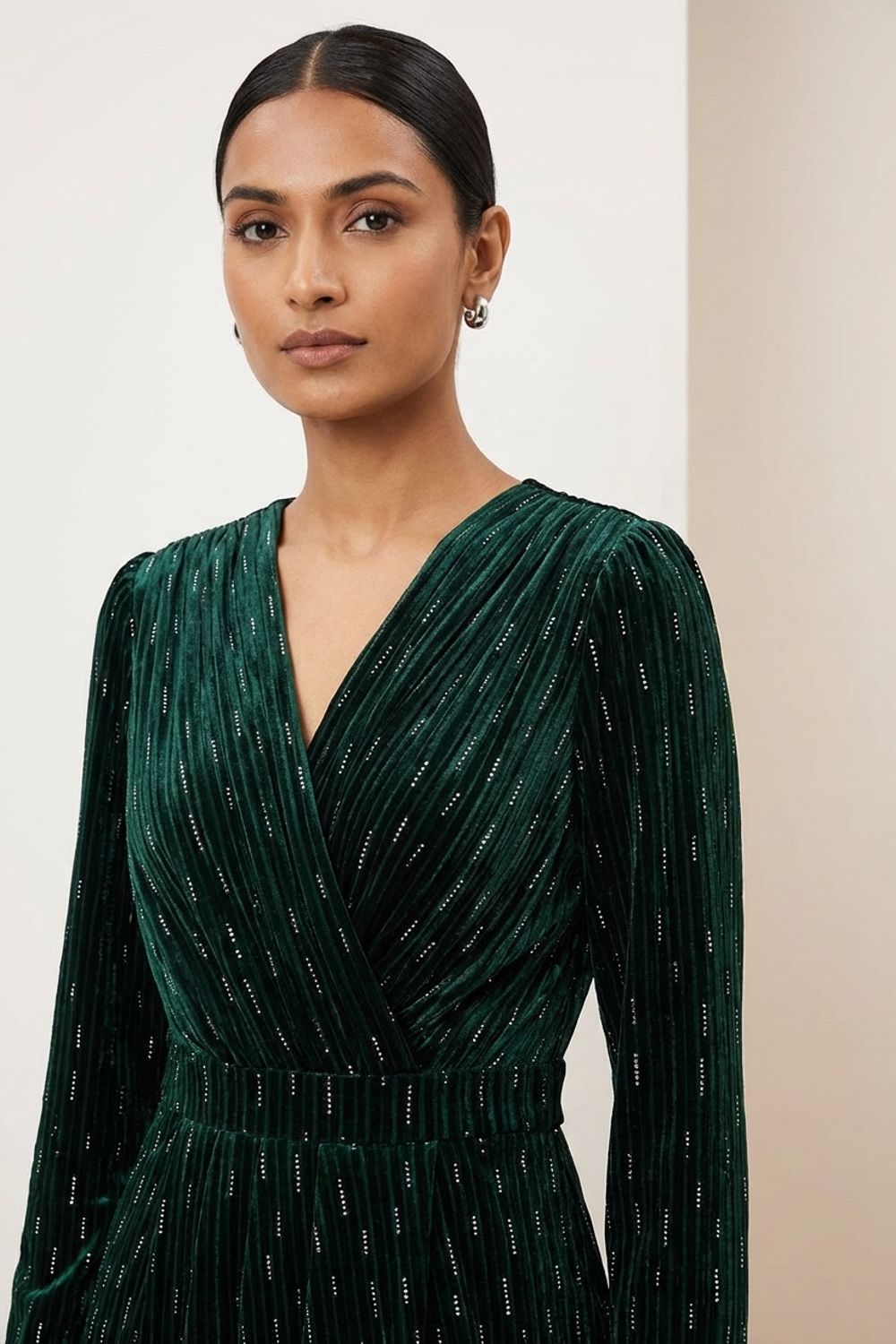 Maggie Velvet Wrap Midi Dress in Green