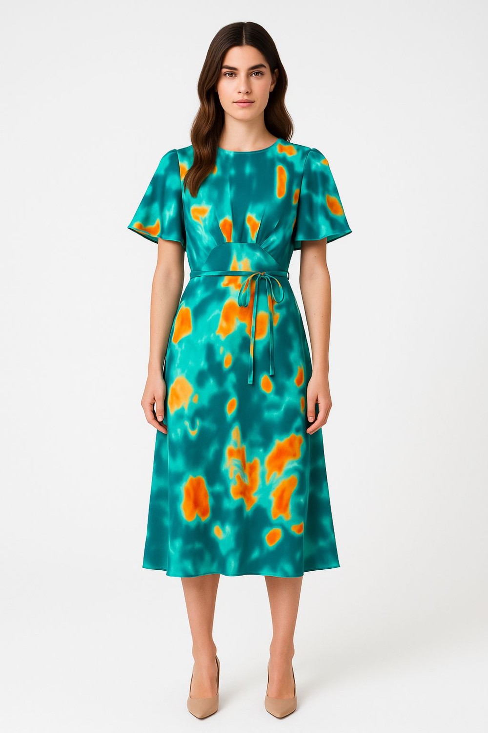 Sasha Tie-Dye Midi Dress in Teal & Orange