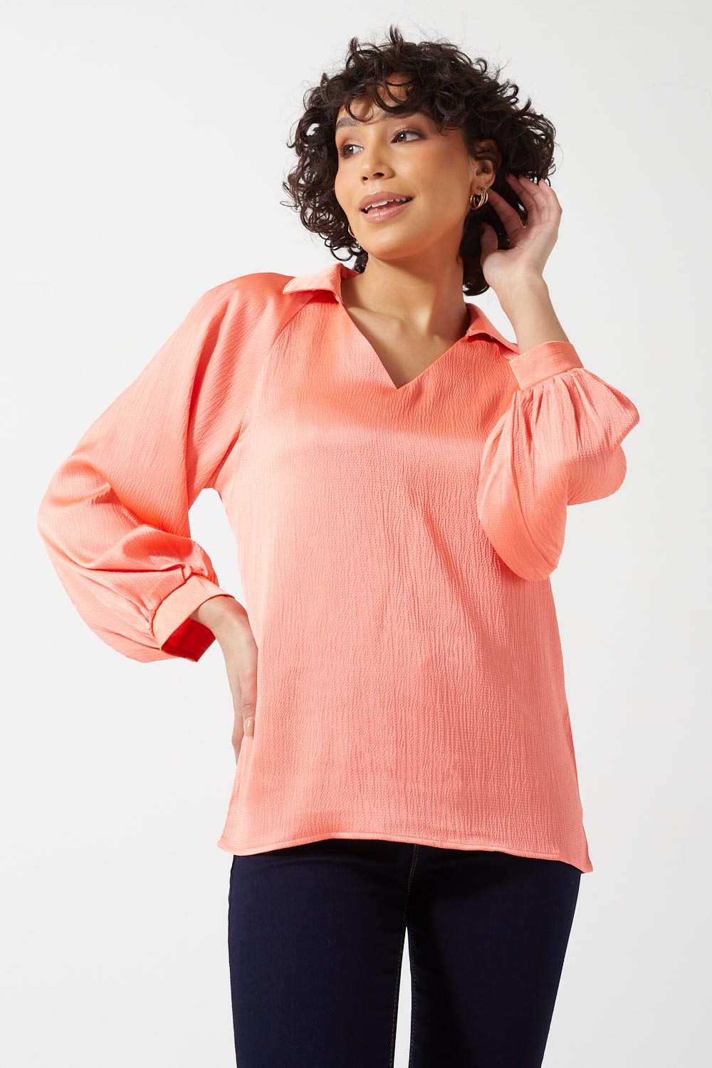 Julie Long Sleeves Collared Blouse in Orange