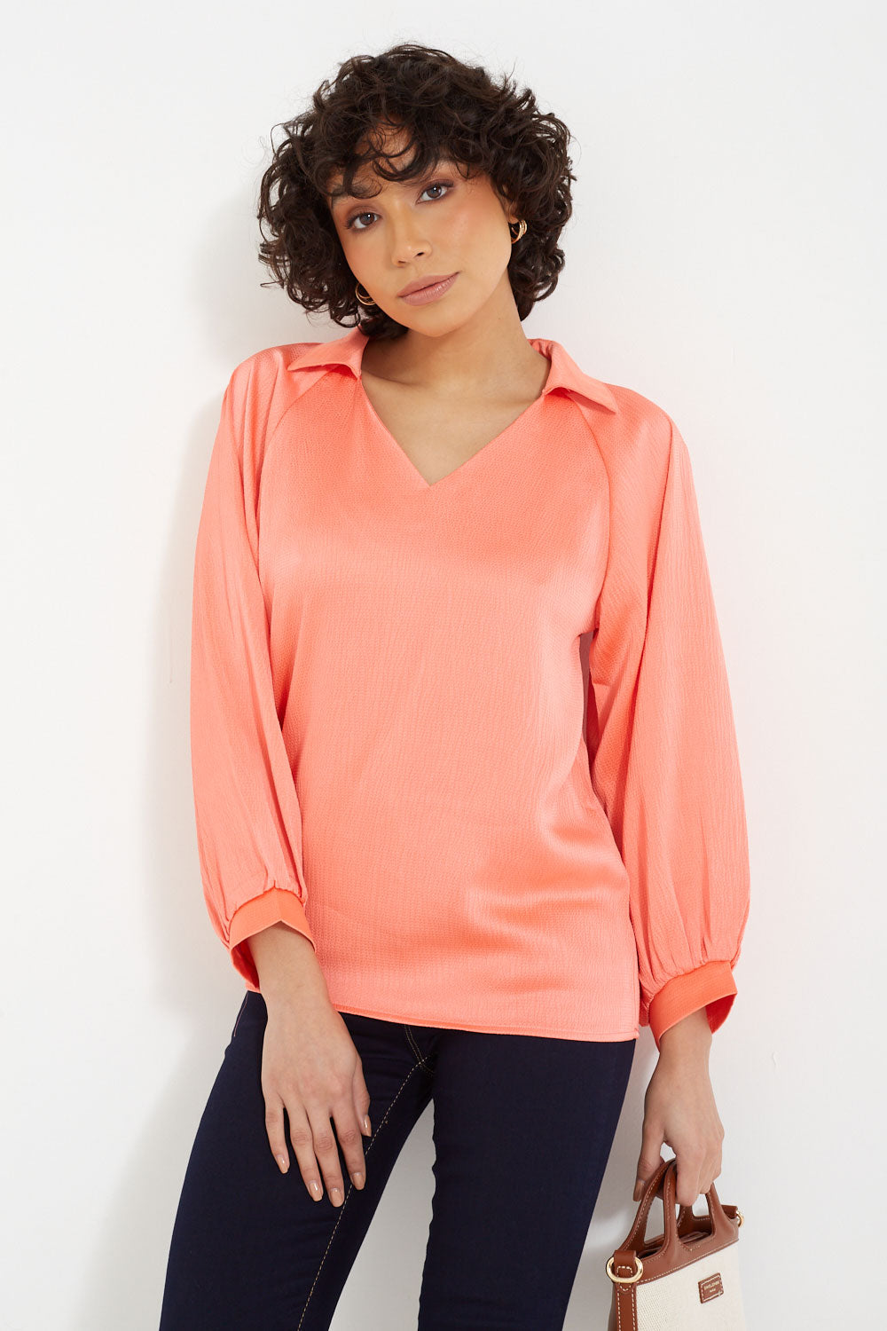 Julie Long Sleeves Collared Blouse in Orange
