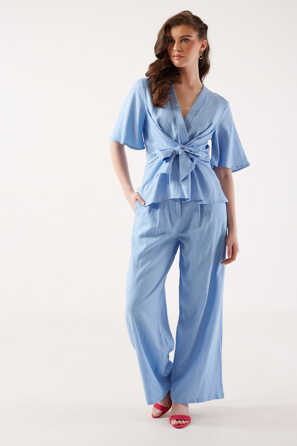 Roberta Wide Leg Linen Trousers in Blue