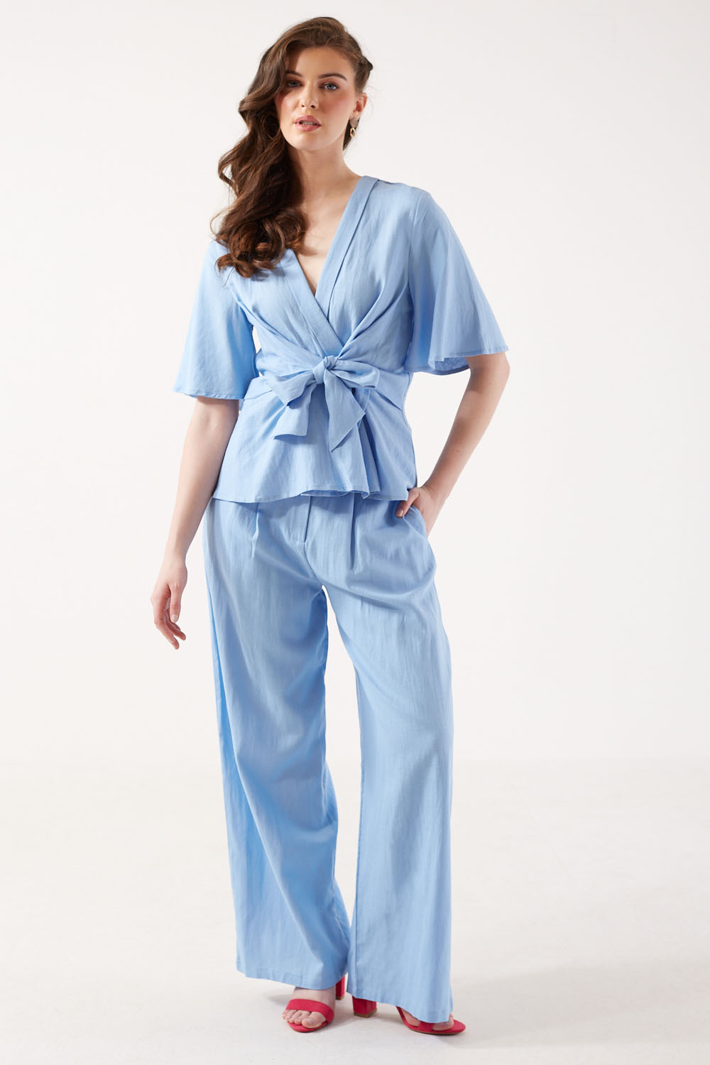 Roberta Wide Leg Linen Trousers in Blue