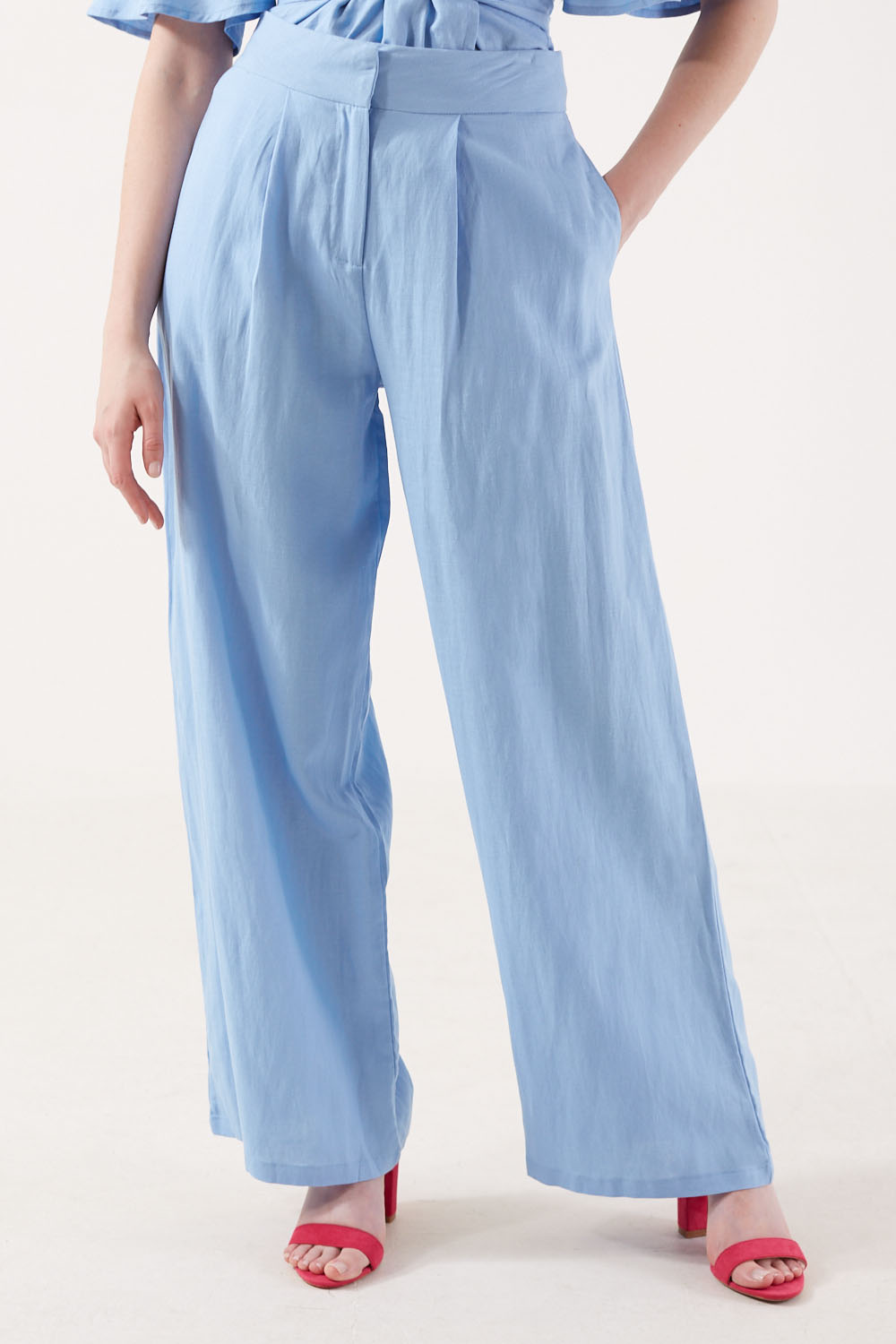 Roberta Wide Leg Linen Trousers in Blue