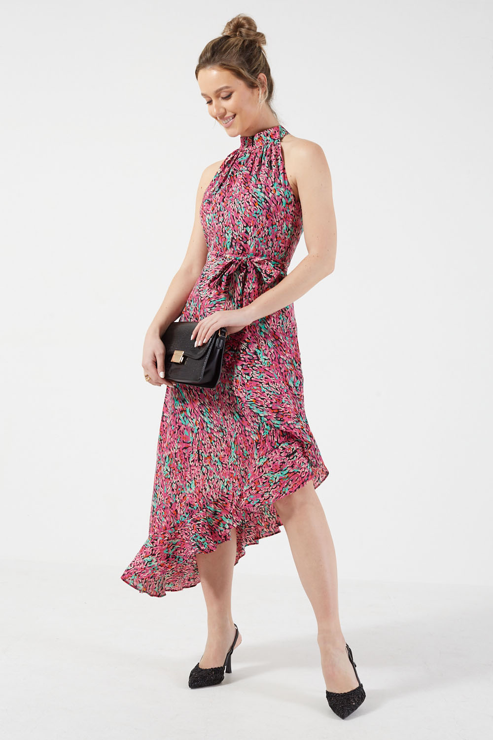 Nerina Printed Halter Neck Midi Dress in Black