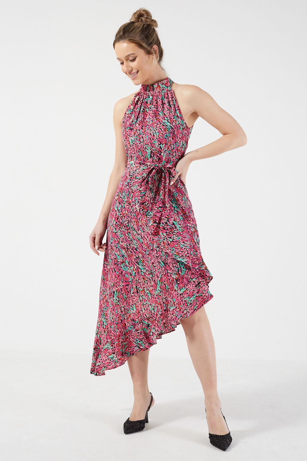 Nerina Printed Halter Neck Midi Dress in Black