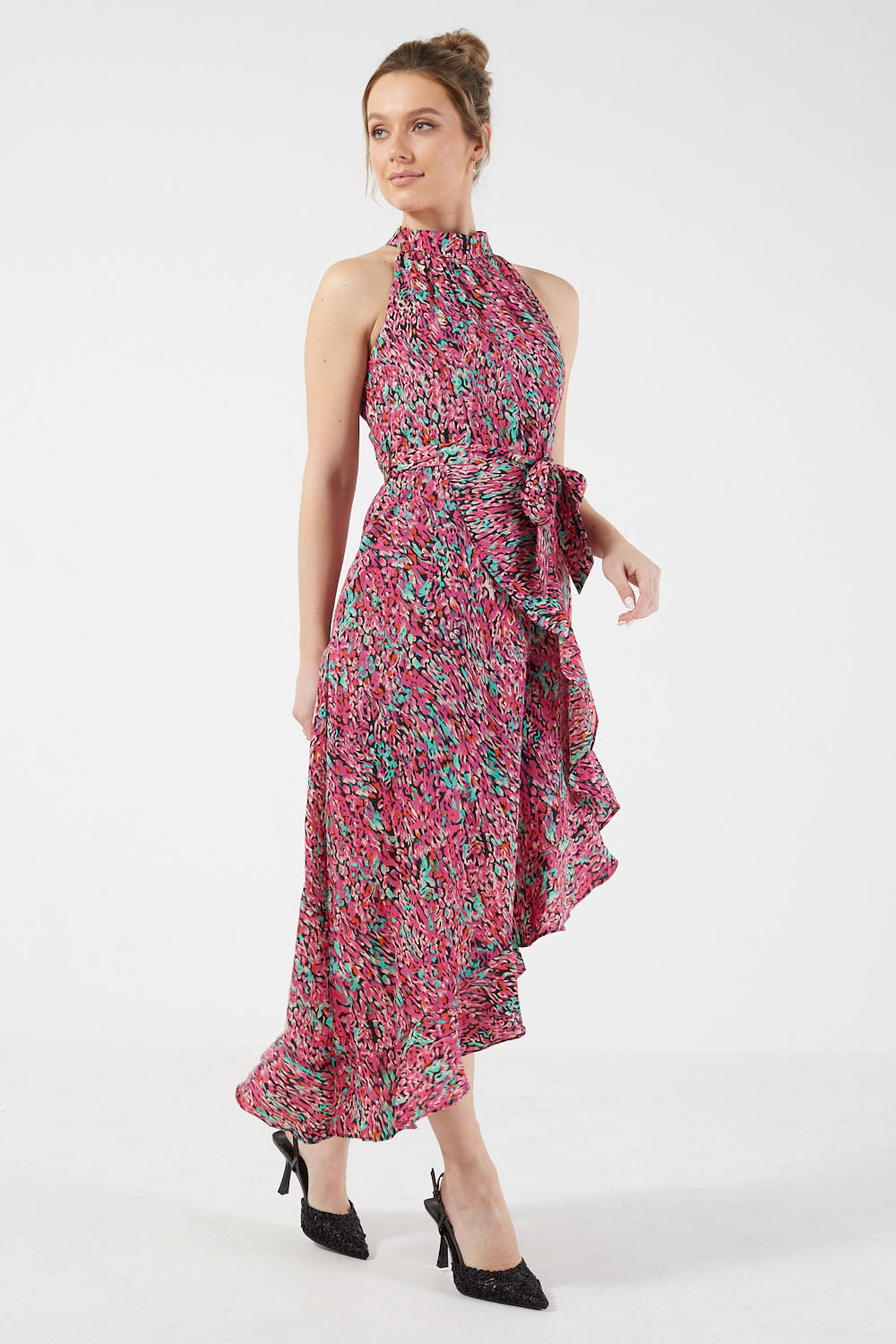 Nerina Printed Halter Neck Midi Dress in Black