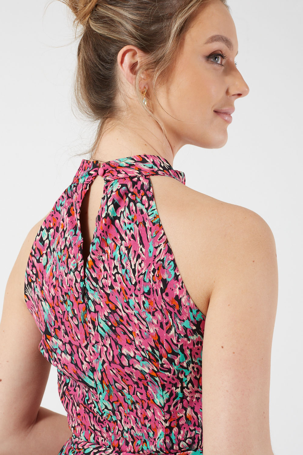 Nerina Printed Halter Neck Midi Dress in Black