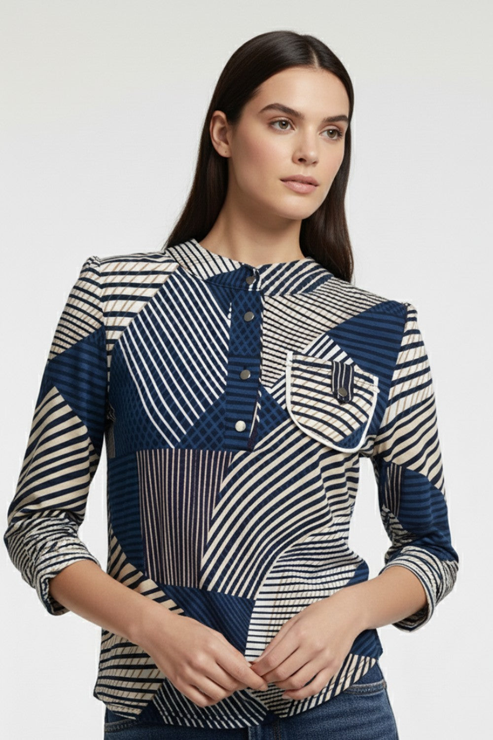 The Jessie Geometric Patchwork Jersey Blouse Navy