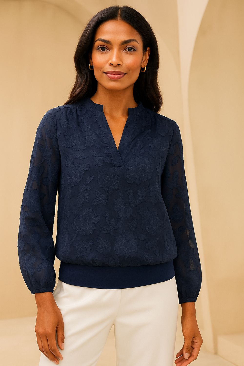 Bev Lace V Neck Top in Navy