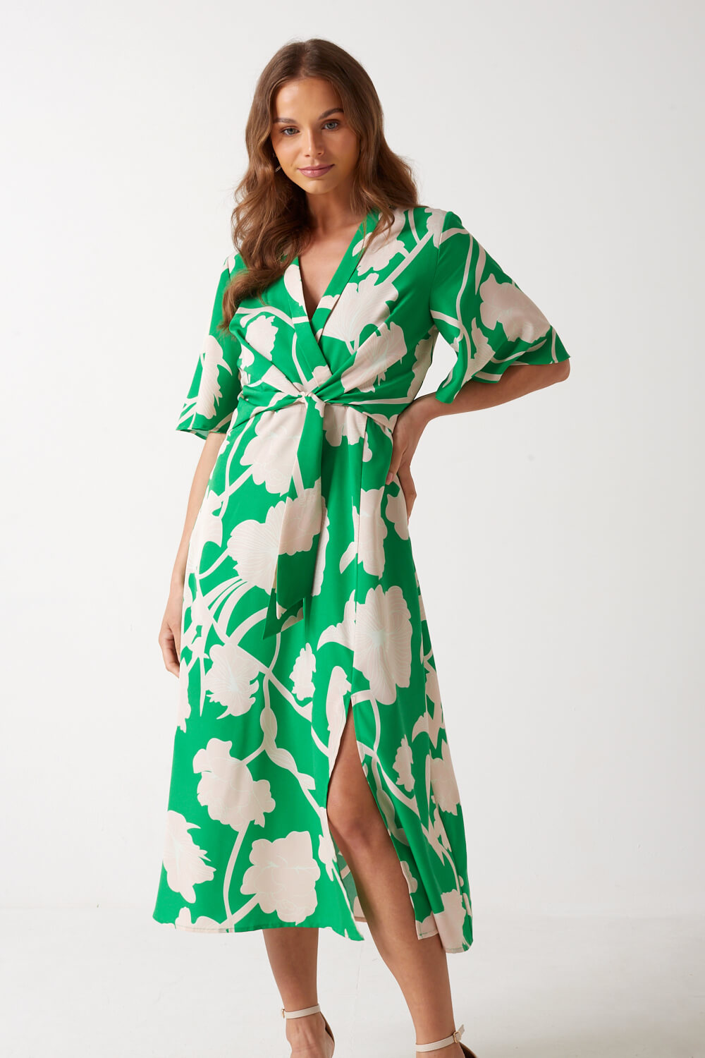 Gina Floral Print Wrap Dress in Green